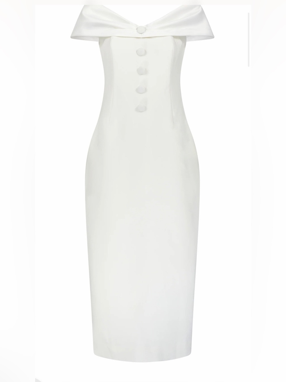 Odd Muse Bow Off-Shoulder White Midi Dress with Covered-Button Front